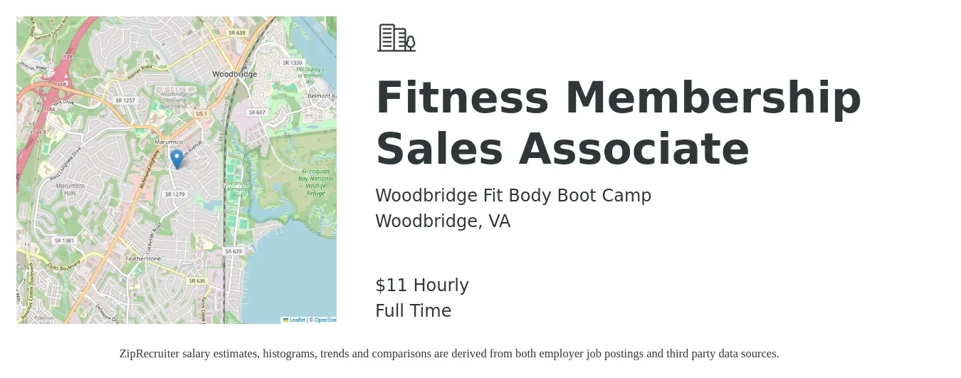 Woodbridge Fit Body Boot Camp job posting for a Fitness Membership Sales Associate in Woodbridge, VA with a salary of $12 Hourly with a map of Woodbridge location.