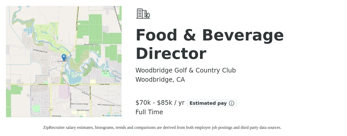 Woodbridge Golf & Country Club job posting for a Food & Beverage Director in Woodbridge, CA with a salary of $70,000 to $85,000 Yearly with a map of Woodbridge location.