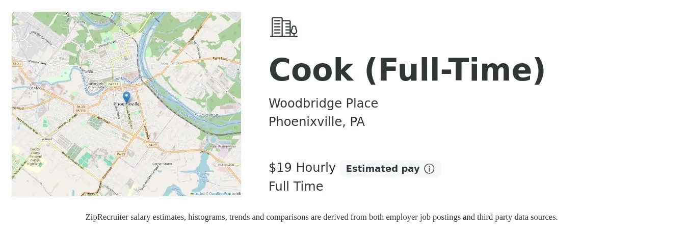 Woodbridge Place job posting for a Cook (Full-Time) in Phoenixville, PA with a salary of $20 Hourly with a map of Phoenixville location.