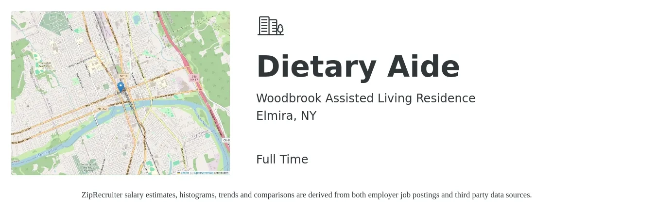 Woodbrook Assisted Living Residence job posting for a Dietary Aide in Elmira, NY with a salary of $14 to $17 Hourly with a map of Elmira location.