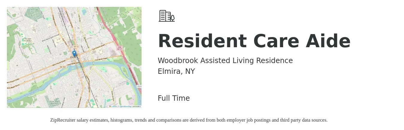 Woodbrook Assisted Living Residence job posting for a Resident Care Aide in Elmira, NY with a salary of $15 to $20 Hourly with a map of Elmira location.