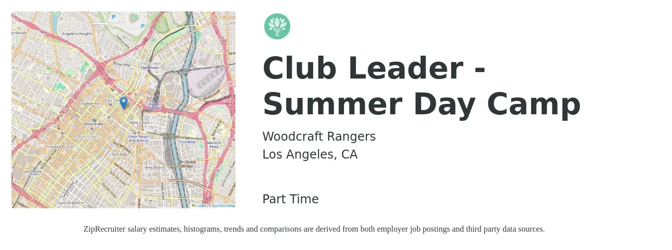 Woodcraft Rangers job posting for a Club Leader - Summer Day Camp in Los Angeles, CA with a salary of $16 to $21 Hourly with a map of Los Angeles location.