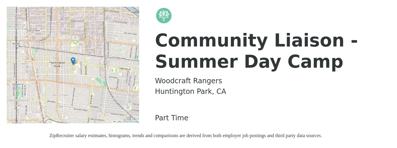 Woodcraft Rangers job posting for a Community Liaison - Summer Day Camp in Huntington Park, CA with a salary of $20 to $31 Hourly with a map of Huntington Park location.