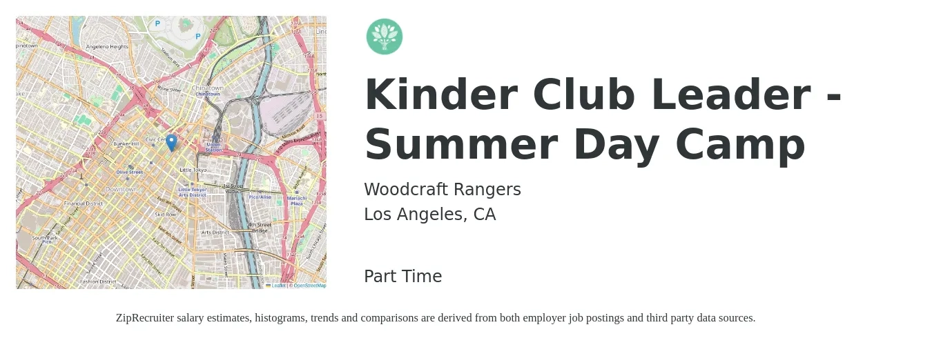 Woodcraft Rangers job posting for a Kinder Club Leader - Summer Day Camp in Los Angeles, CA with a salary of $16 to $21 Hourly with a map of Los Angeles location.