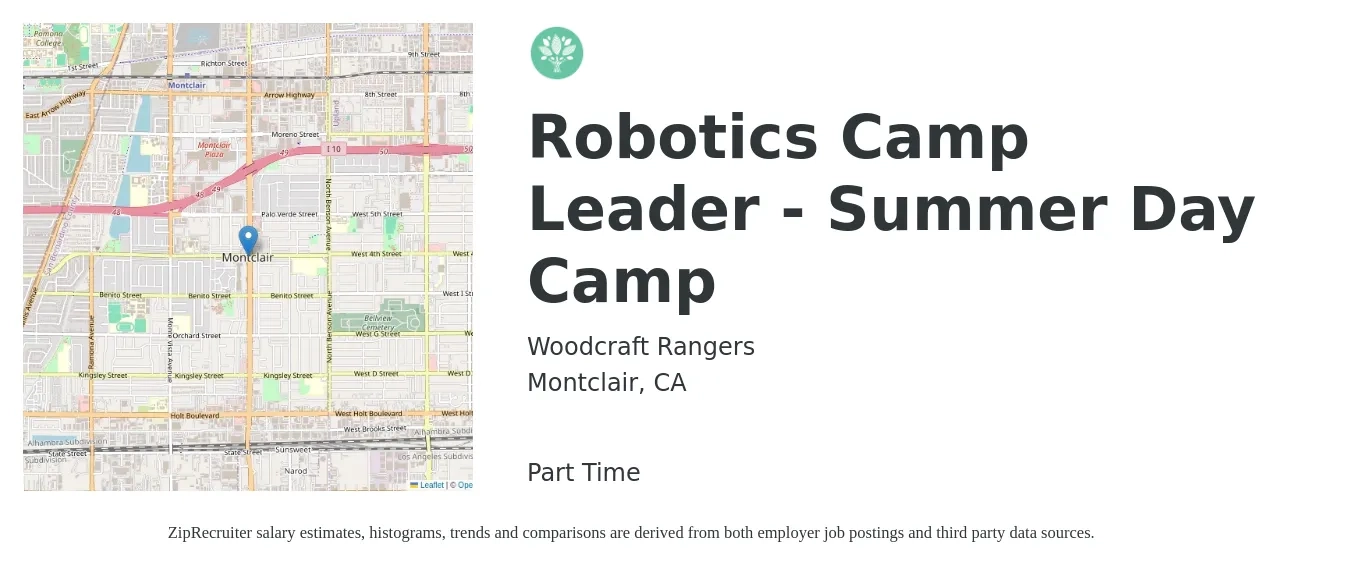 Woodcraft Rangers job posting for a Robotics Camp Leader - Summer Day Camp in Montclair, CA with a salary of $14 to $18 Hourly with a map of Montclair location.