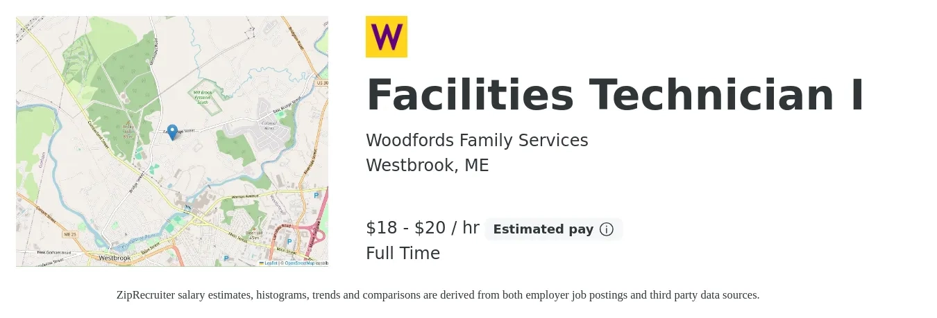 Woodfords Family Services job posting for a Facilities Technician I in Westbrook, ME with a salary of $19 to $21 Hourly with a map of Westbrook location.