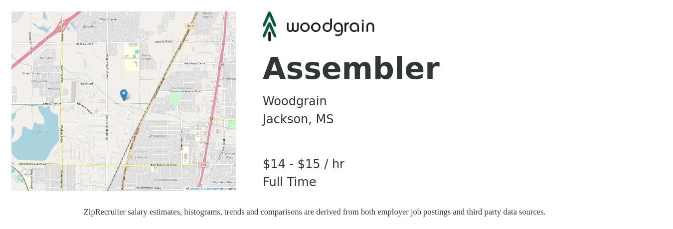 Woodgrain job posting for a Assembler in Jackson, MS with a salary of $15 to $16 Hourly with a map of Jackson location.