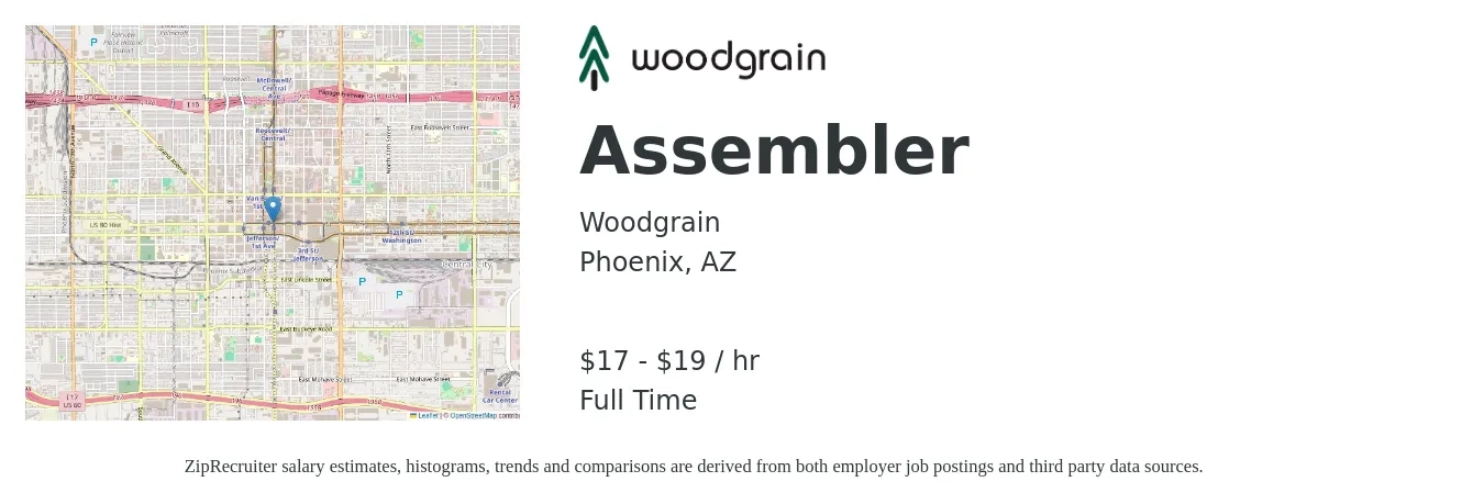 Woodgrain job posting for a Assembler in Phoenix, AZ with a salary of $18 to $20 Hourly with a map of Phoenix location.
