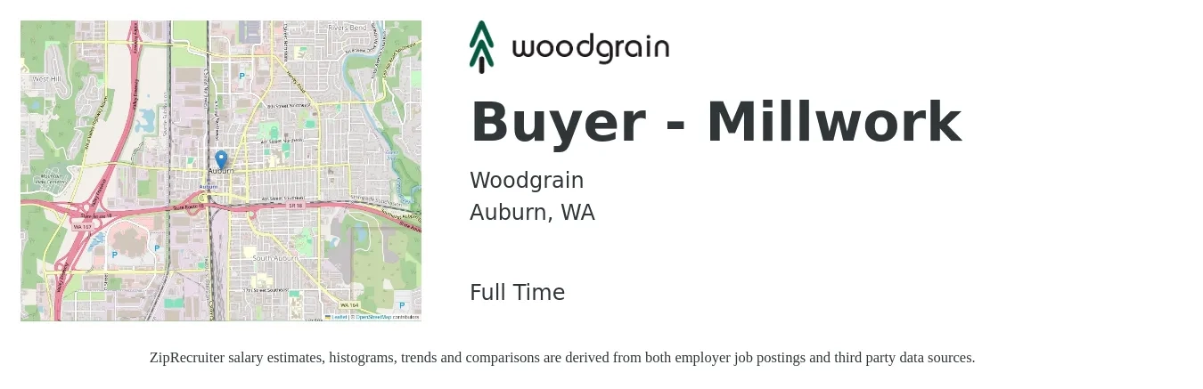 Woodgrain job posting for a Buyer - Millwork in Auburn, WA with a salary of $60 to $70 Yearly with a map of Auburn location.