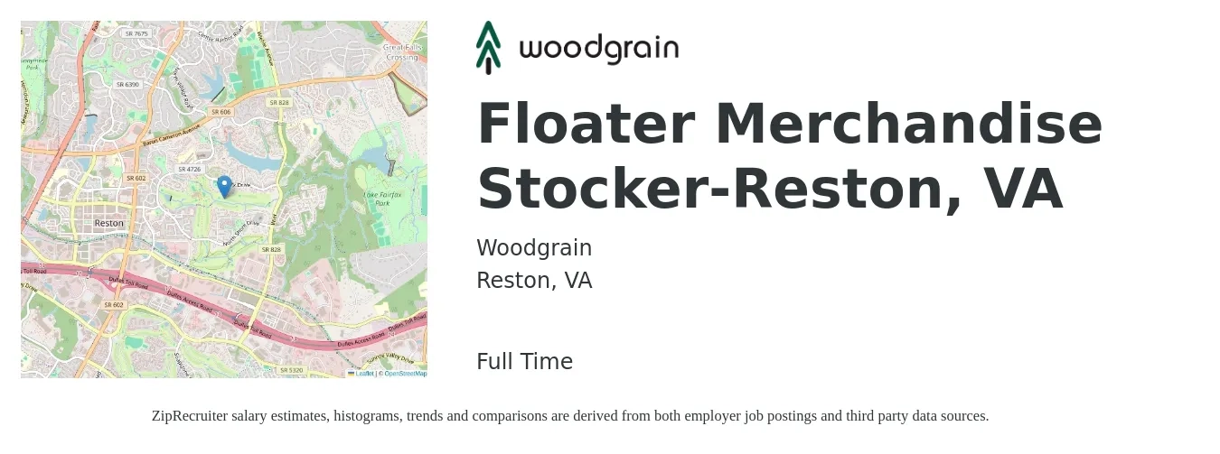 Woodgrain job posting for a Floater Merchandise Stocker-Reston, VA in Reston, VA with a salary of $18 to $21 Hourly with a map of Reston location.