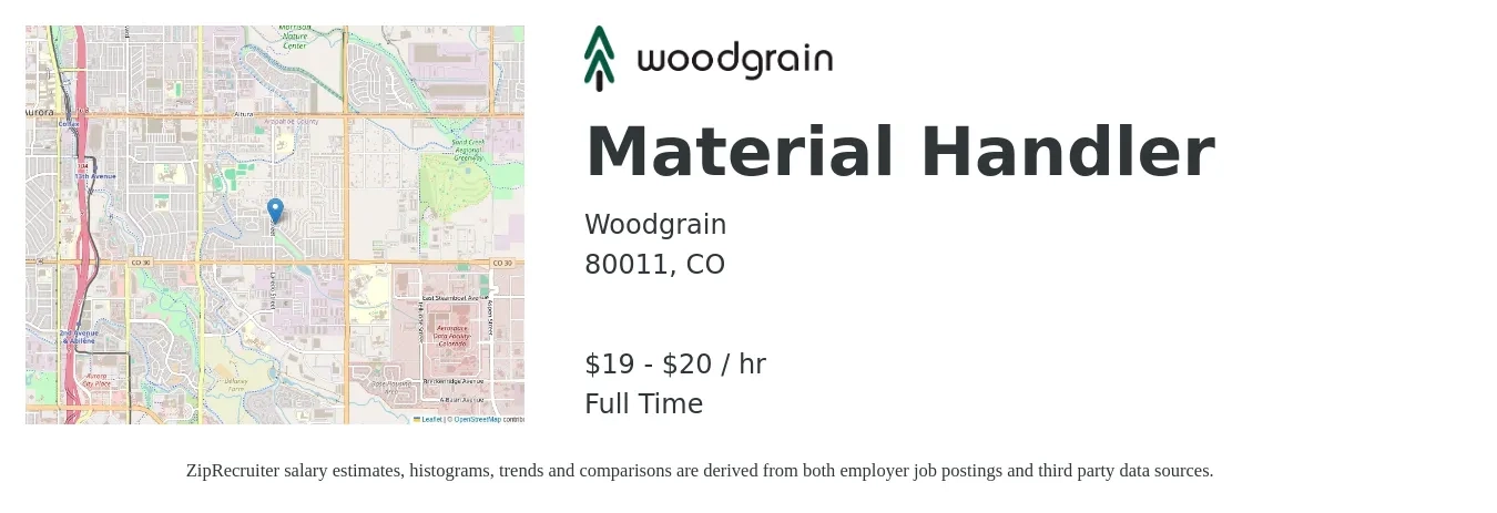Woodgrain job posting for a Material Handler in 80011, CO with a salary of $19 to $20 Hourly with a map of 80011 location.