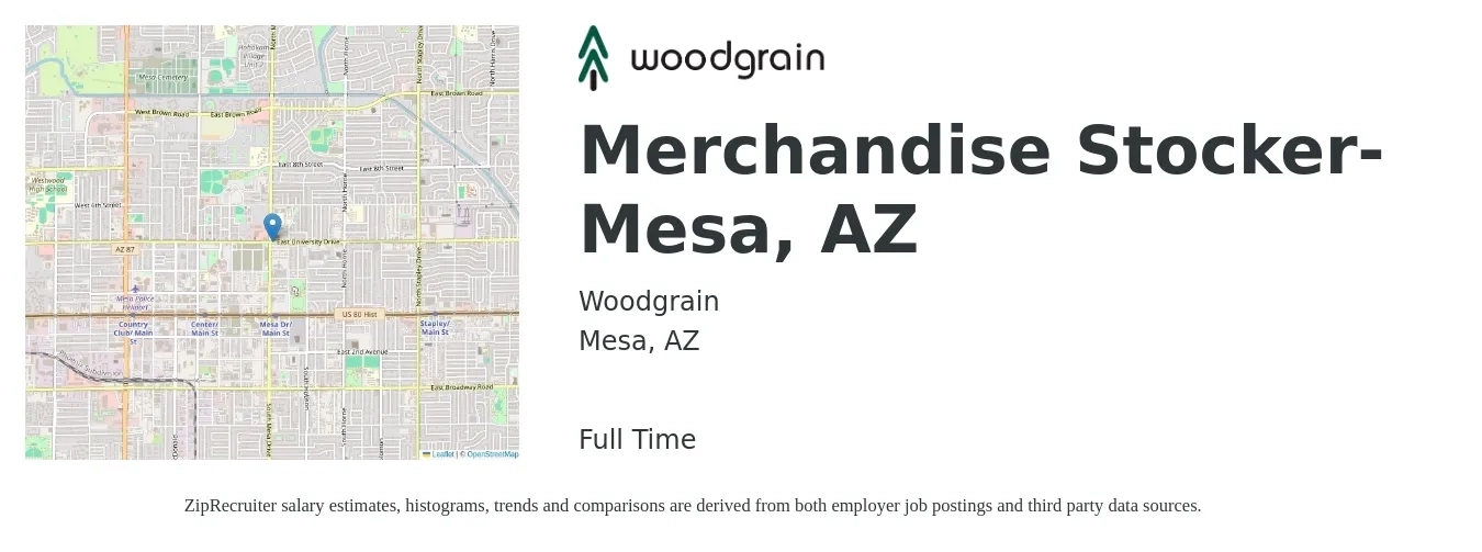 Woodgrain job posting for a Merchandise Stocker-Mesa, AZ in Mesa, AZ with a salary of $640 to $770 Weekly with a map of Mesa location.