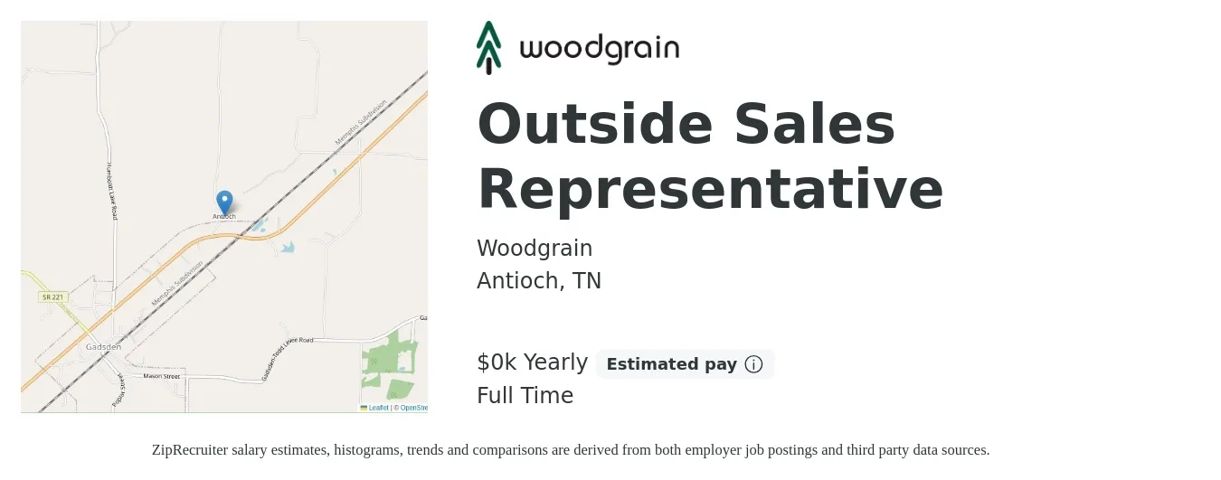 Woodgrain job posting for a Outside Sales Representative in Antioch, TN with a salary of $70 to $100 Yearly with a map of Antioch location.