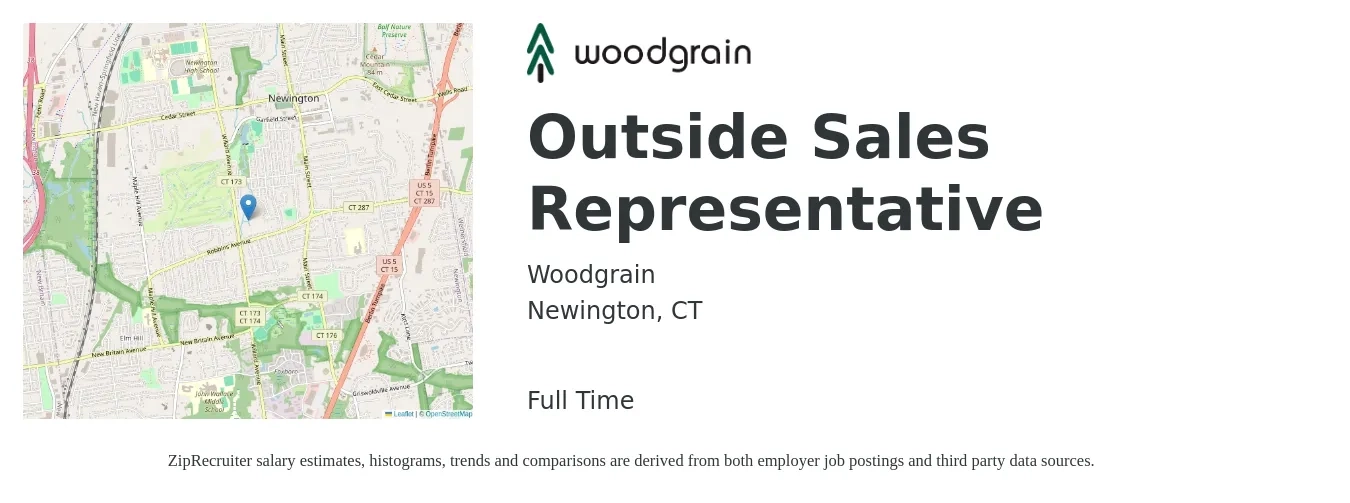 Woodgrain job posting for a Outside Sales Representative in Newington, CT with a salary of $52,400 to $89,900 Yearly with a map of Newington location.