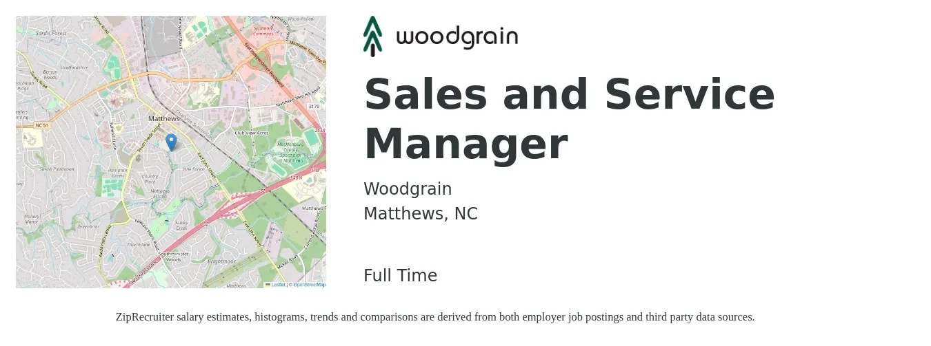 Woodgrain job posting for a Sales and Service Manager in Matthews, NC with a salary of $42,300 to $75,200 Yearly with a map of Matthews location.