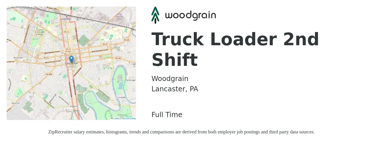 Woodgrain job posting for a Truck Loader 2nd Shift in Lancaster, PA with a salary of $17 to $20 Hourly with a map of Lancaster location.