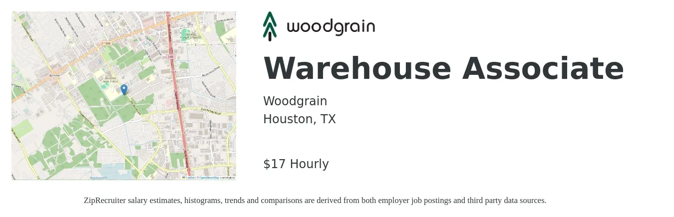 Woodgrain job posting for a Warehouse Associate in Houston, TX with a salary of $18 Hourly with a map of Houston location.