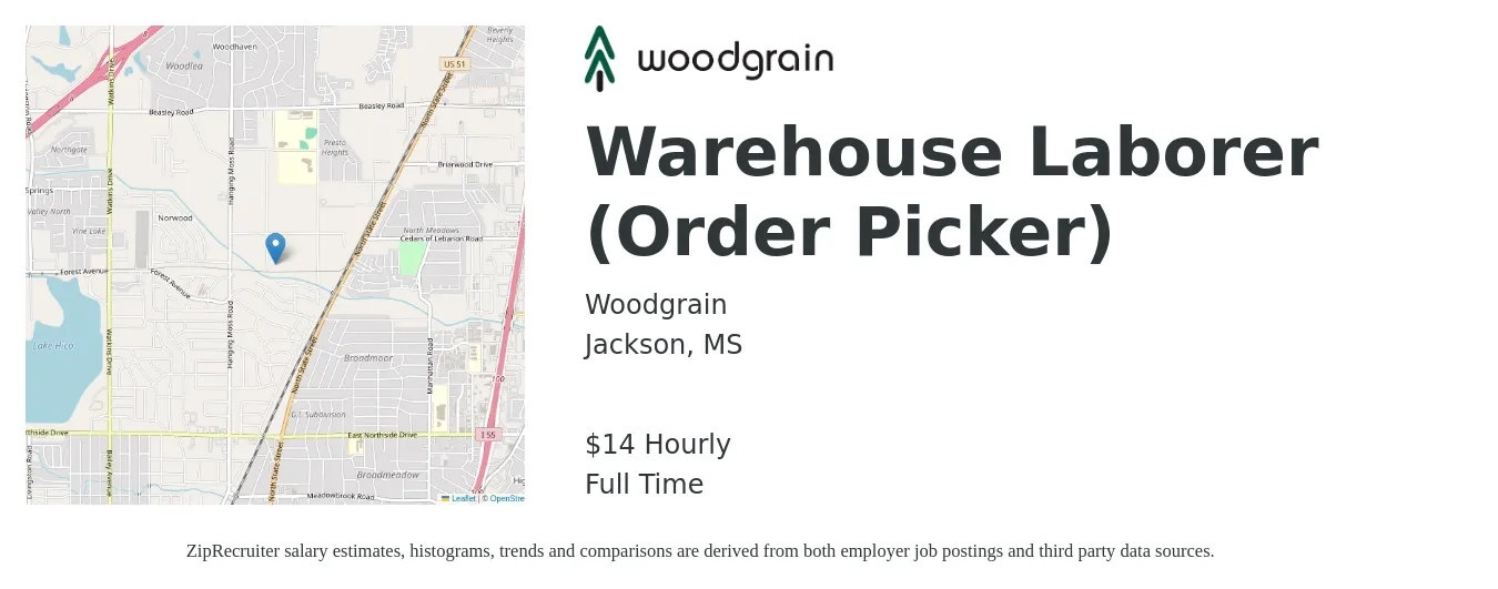 Woodgrain job posting for a Warehouse Laborer (Order Picker) in Jackson, MS with a salary of $15 Hourly with a map of Jackson location.