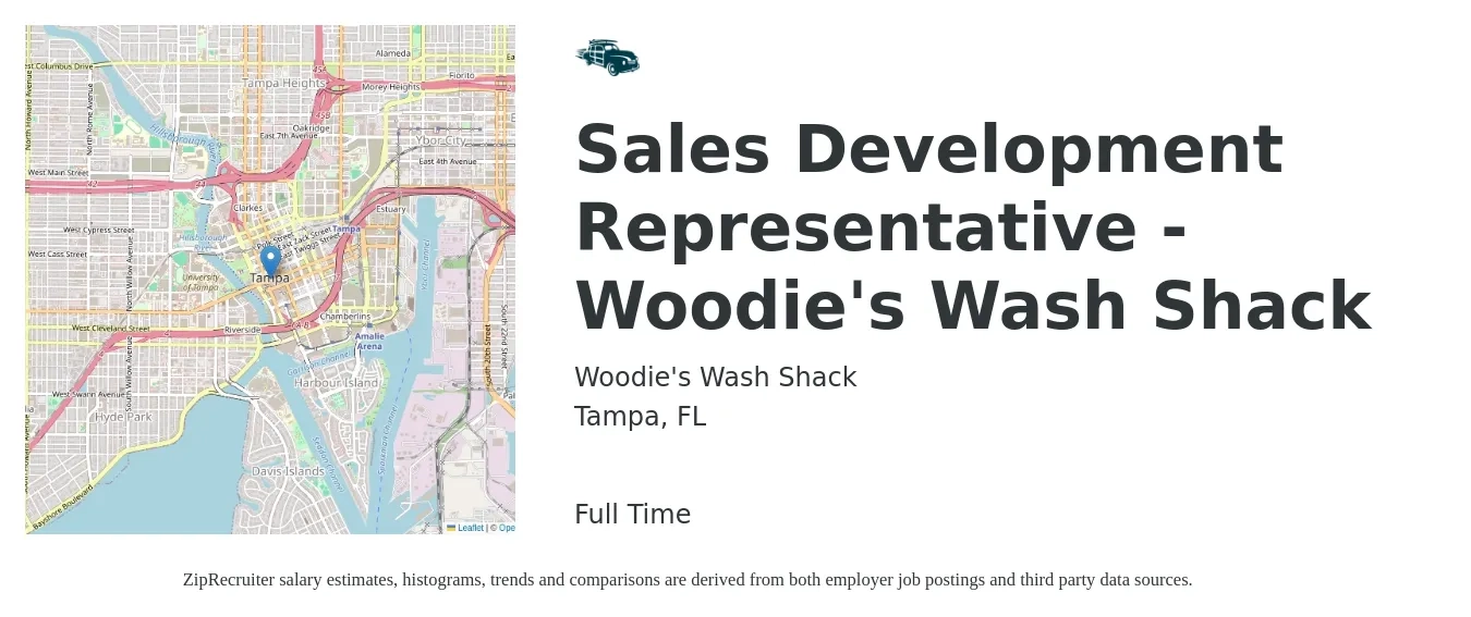 Woodie's Wash Shack job posting for a Sales Development Representative - Woodie's Wash Shack in Tampa, FL with a salary of $39,700 to $57,700 Yearly with a map of Tampa location.