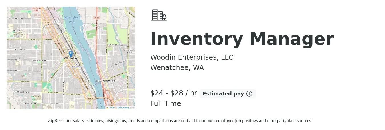 Woodin Enterprises, LLC job posting for a Inventory Manager in Wenatchee, WA with a salary of $25 to $30 Hourly with a map of Wenatchee location.