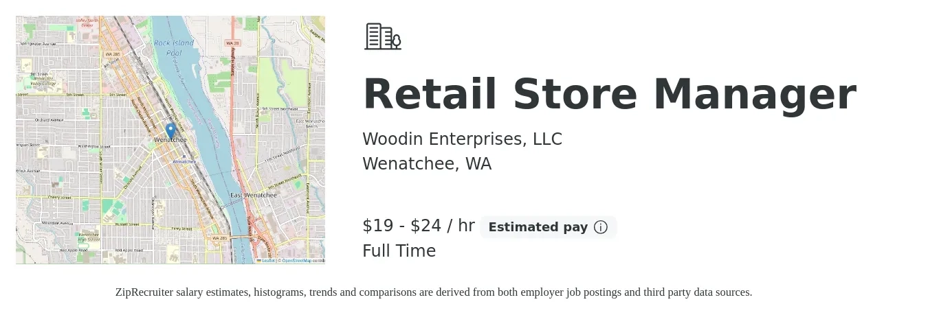 Woodin Enterprises, LLC job posting for a Retail Store Manager in Wenatchee, WA with a salary of $20 to $25 Hourly (plus commission) with a map of Wenatchee location.
