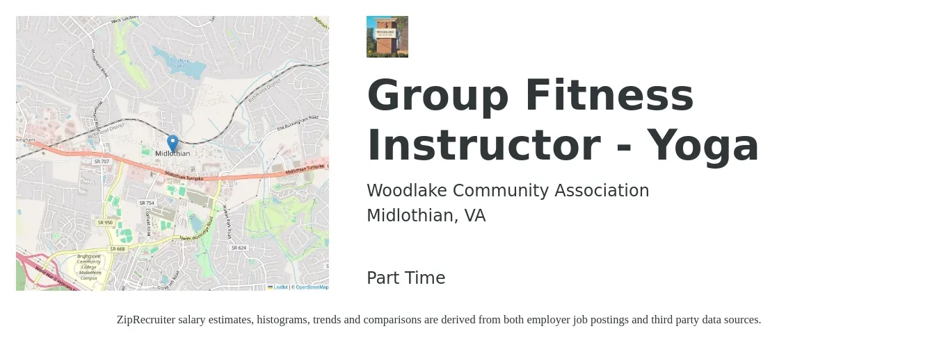 Woodlake Community Association job posting for a Group Fitness Instructor - Yoga in Midlothian, VA with a salary of $22 to $36 Hourly with a map of Midlothian location.
