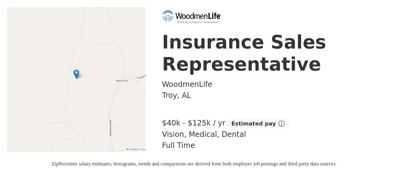 WoodmenLife job posting for a Insurance Sales Representative in Troy, AL with a salary of $40,000 to $125,000 Yearly and benefits including dental, life_insurance, medical, retirement, and vision with a map of Troy location.
