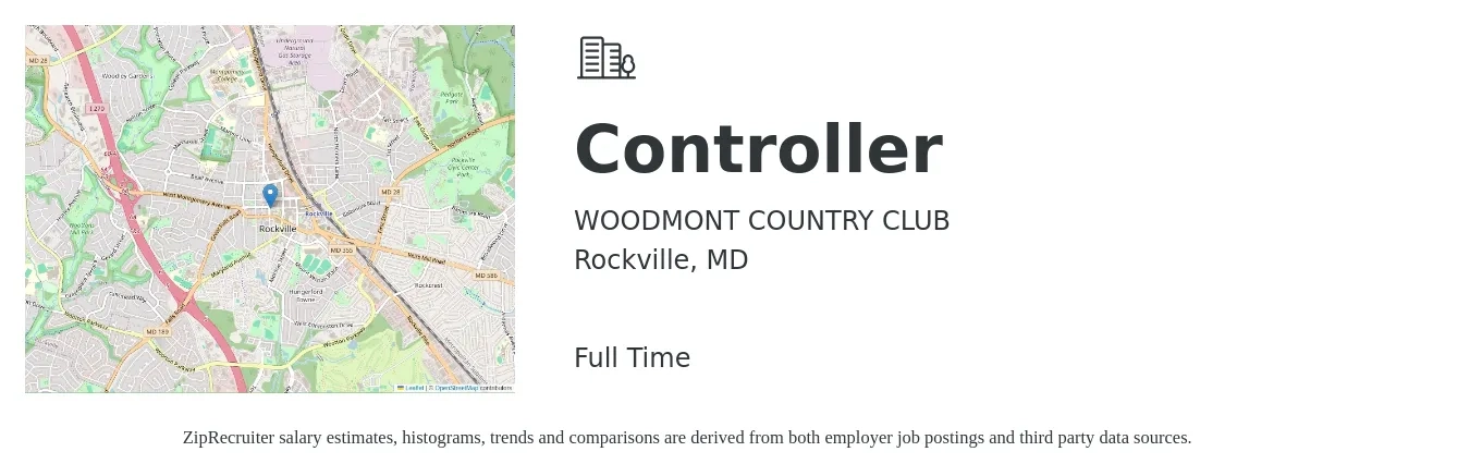 WOODMONT COUNTRY CLUB job posting for a Controller in Rockville, MD with a salary of $98,900 to $141,200 Yearly with a map of Rockville location.
