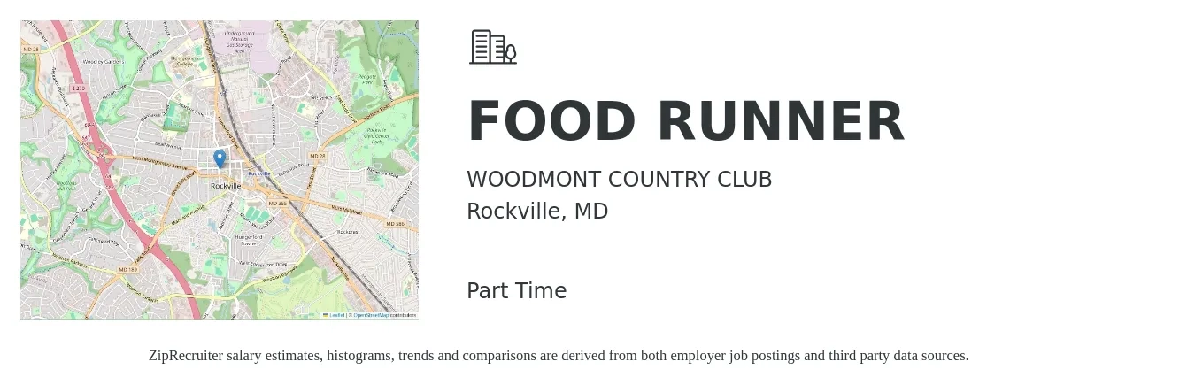 WOODMONT COUNTRY CLUB job posting for a FOOD RUNNER in Rockville, MD with a salary of $11 to $17 Hourly with a map of Rockville location.