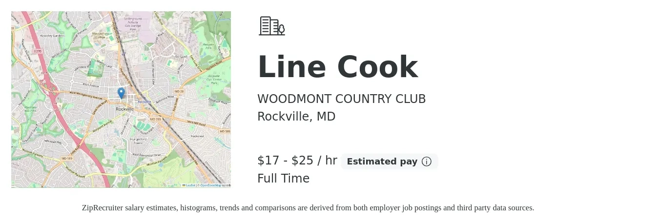 WOODMONT COUNTRY CLUB job posting for a Line Cook in Rockville, MD with a salary of $18 to $27 Hourly with a map of Rockville location.