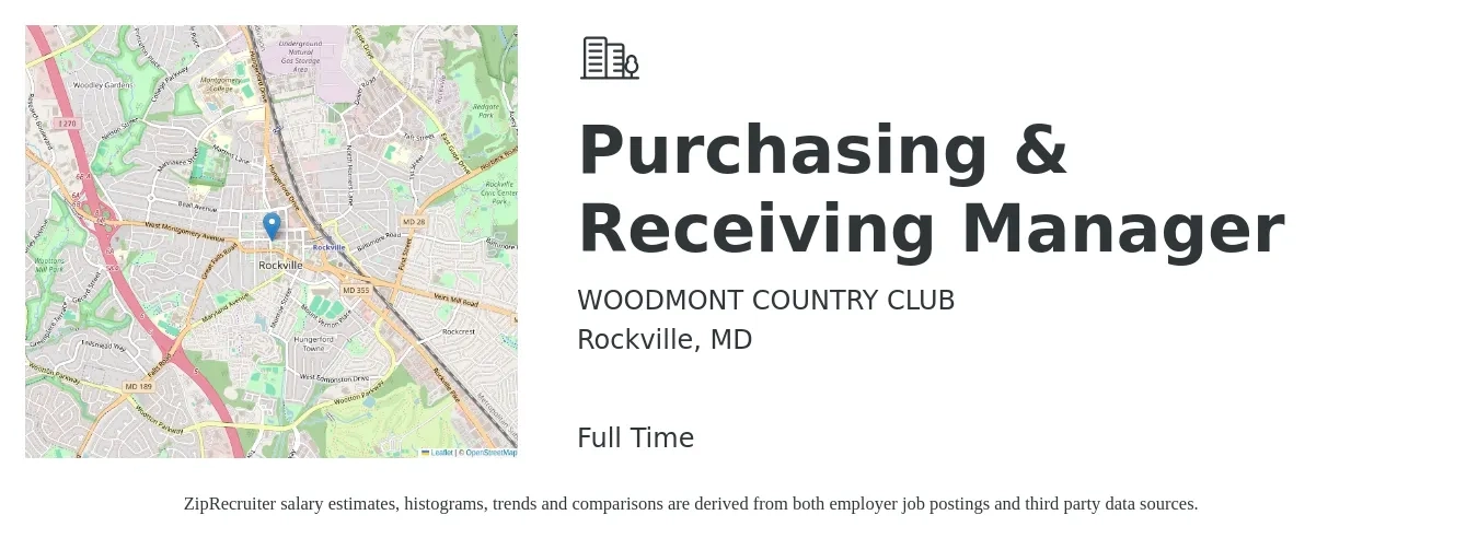 WOODMONT COUNTRY CLUB job posting for a Purchasing & Receiving Manager in Rockville, MD with a salary of $66,300 to $101,900 Yearly with a map of Rockville location.