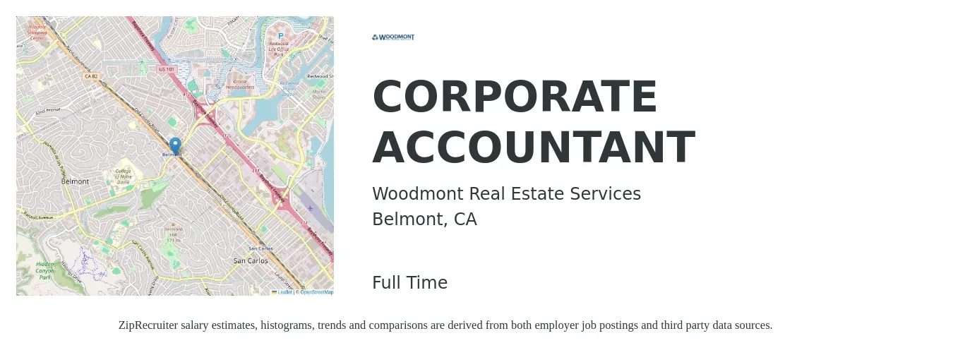 Woodmont Real Estate Services job posting for a CORPORATE ACCOUNTANT in Belmont, CA with a salary of $78,600 to $106,400 Yearly with a map of Belmont location.