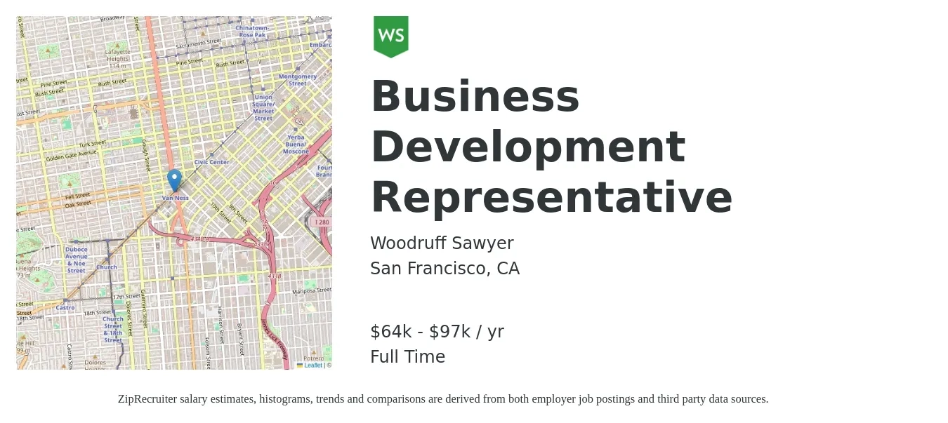 Woodruff Sawyer job posting for a Business Development Representative in San Francisco, CA with a salary of $64,680 to $97,030 Yearly with a map of San Francisco location.