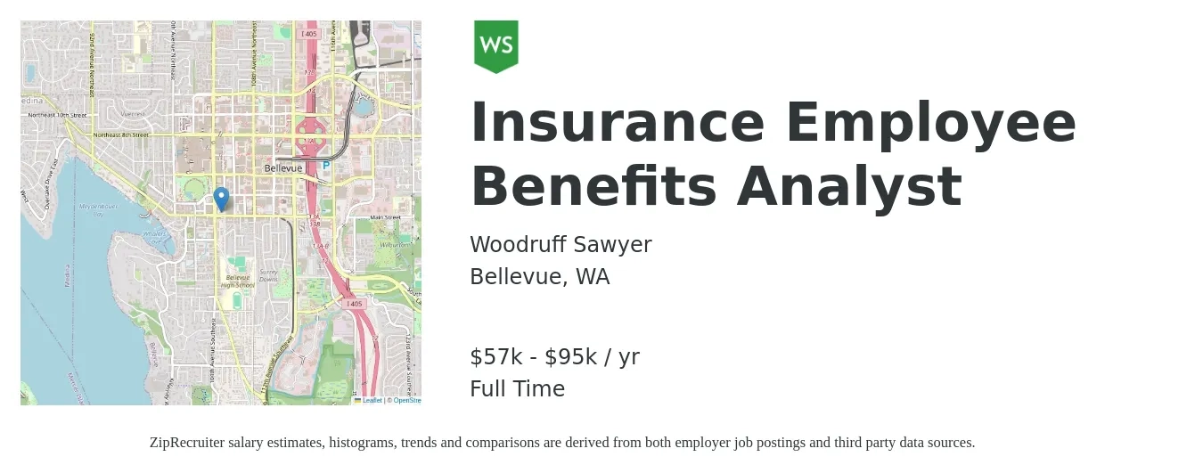 Woodruff Sawyer job posting for a Insurance Employee Benefits Analyst in Bellevue, WA with a salary of $57,000 to $95,000 Yearly with a map of Bellevue location.