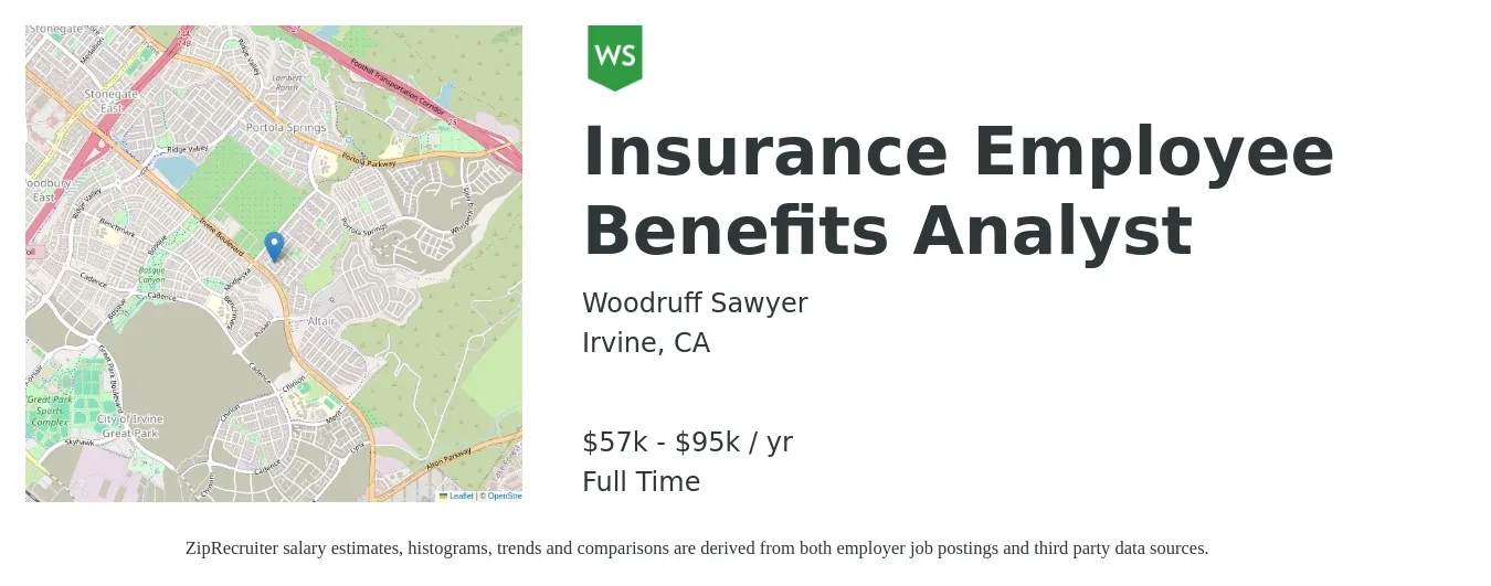 Woodruff Sawyer job posting for a Insurance Employee Benefits Analyst in Irvine, CA with a salary of $57,000 to $95,000 Yearly with a map of Irvine location.