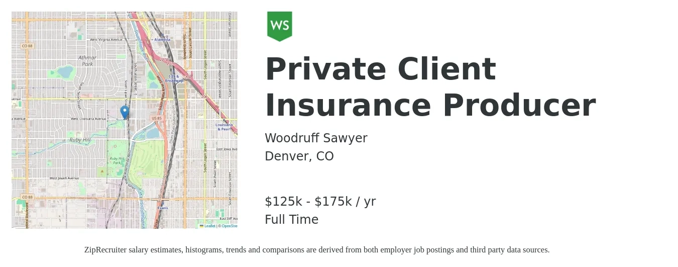 Woodruff Sawyer job posting for a Private Client Insurance Producer in Denver, CO with a salary of $125,000 to $175,000 Yearly with a map of Denver location.