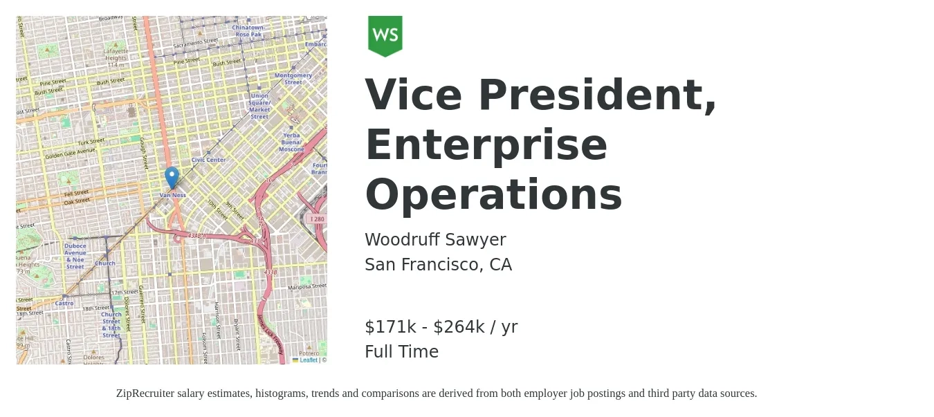 Woodruff Sawyer job posting for a Vice President, Enterprise Operations in San Francisco, CA with a salary of $171,281 to $264,375 Yearly with a map of San Francisco location.