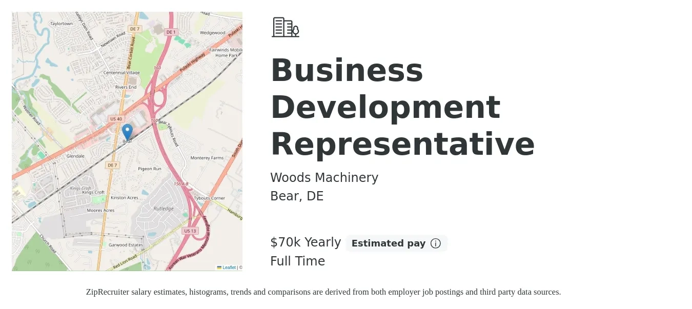 Woods Machinery job posting for a Business Development Representative in Bear, DE with a salary of $70,000 Yearly with a map of Bear location.