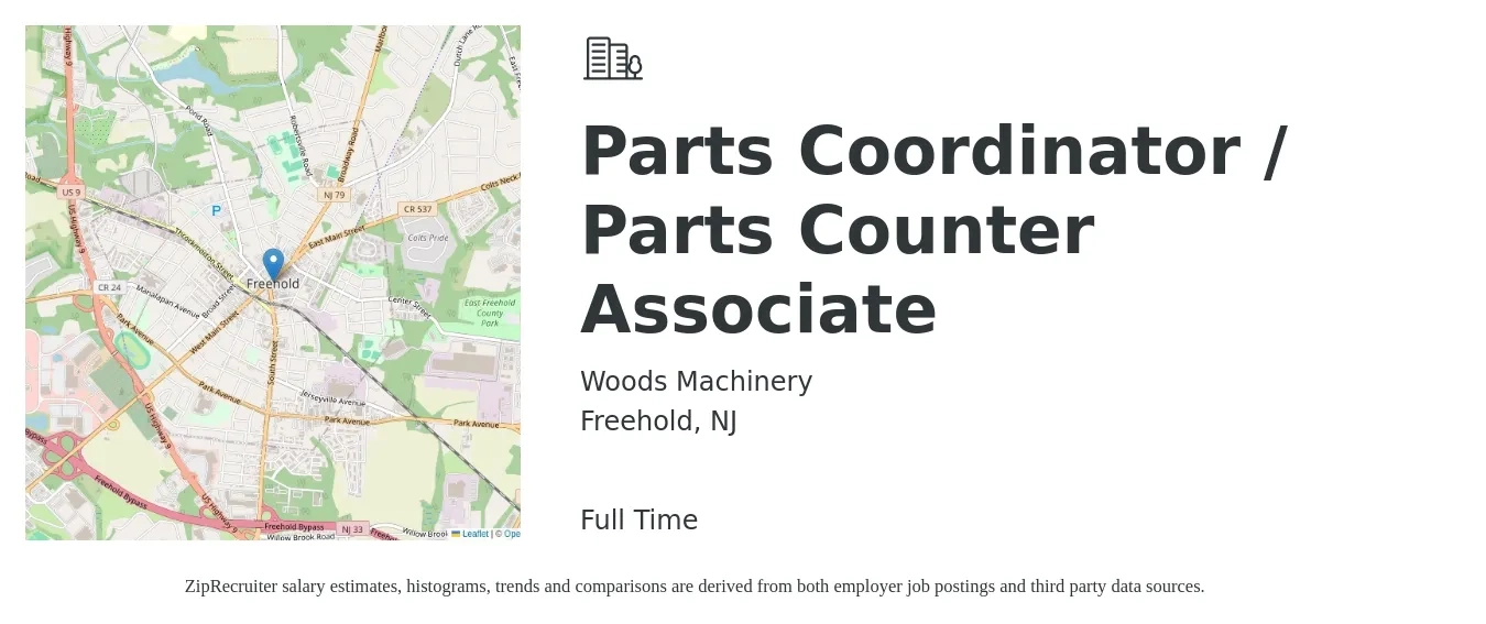 Woods Machinery job posting for a Parts Coordinator / Parts Counter Associate in Freehold, NJ with a salary of $22 to $25 Hourly with a map of Freehold location.
