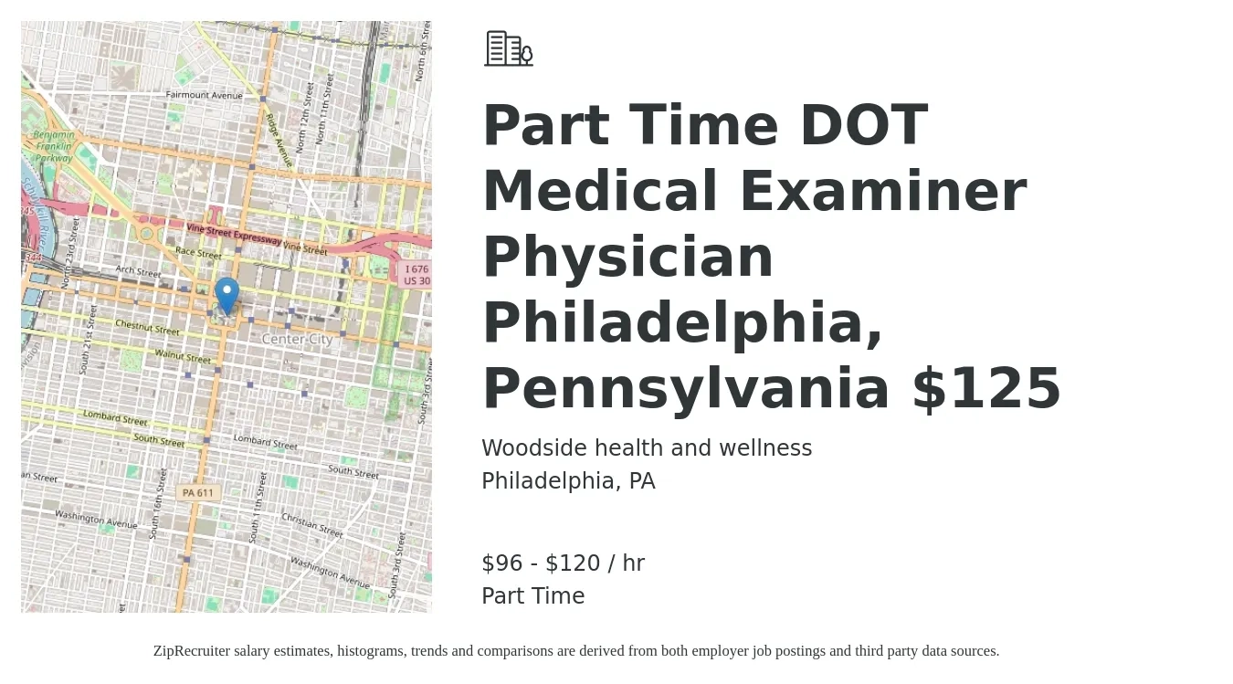 Woodside health and wellness job posting for a Part Time DOT Medical Examiner Physician Philadelphia, Pennsylvania $125 in Philadelphia, PA with a salary of $100 to $125 Hourly with a map of Philadelphia location.