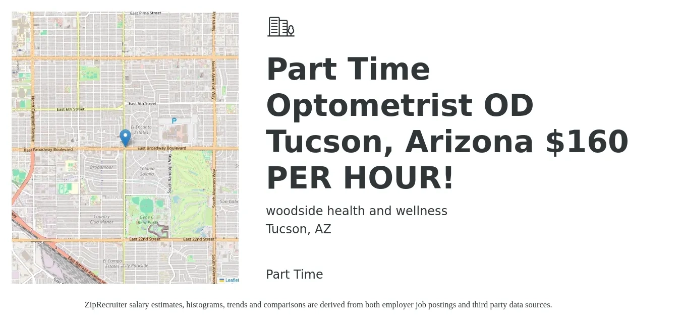woodside health and wellness job posting for a Part Time Optometrist OD Tucson, Arizona $160 PER HOUR! in Tucson, AZ with a salary of $650 to $1,300 Daily with a map of Tucson location.