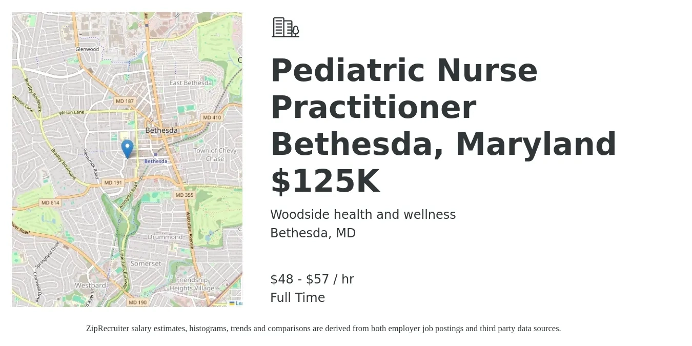 Woodside health and wellness job posting for a Pediatric Nurse Practitioner Bethesda, Maryland $125K in Bethesda, MD with a salary of $50 to $60 Hourly with a map of Bethesda location.