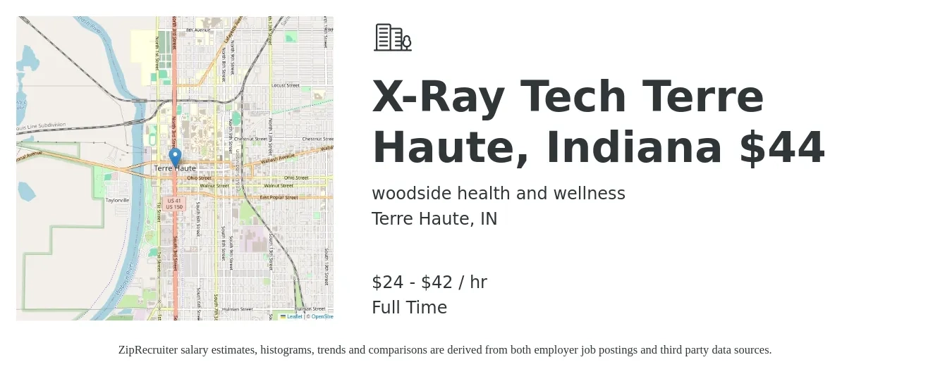 Woodside health and wellness job posting for a X-Ray Tech Terre Haute, Indiana $44 in Terre Haute, IN with a salary of $25 to $44 Hourly with a map of Terre Haute location.
