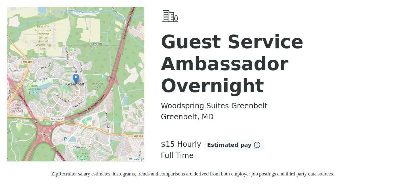 Woodspring Suites Greenbelt job posting for a Guest Service Ambassador Over Night in Greenbelt, MD with a salary of $17 Hourly with a map of Greenbelt location.