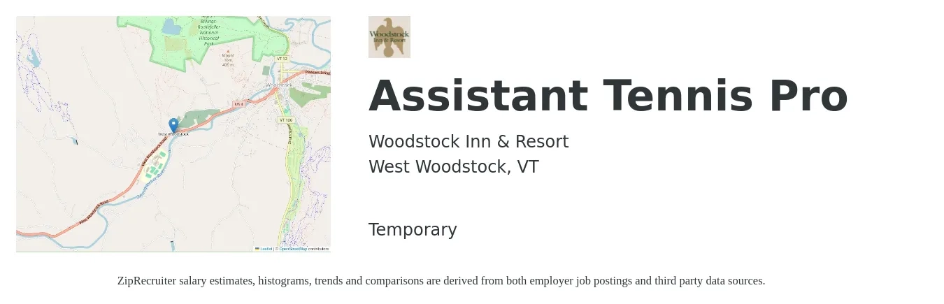 Woodstock Inn & Resort job posting for a Assistant Tennis Pro in West Woodstock, VT with a salary of $13 to $20 Hourly with a map of West Woodstock location.