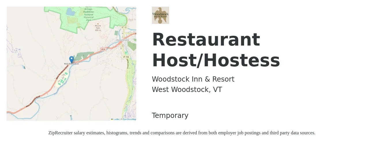 Woodstock Inn & Resort job posting for a Restaurant Host/Hostess in West Woodstock, VT with a salary of $12 to $17 Hourly with a map of West Woodstock location.
