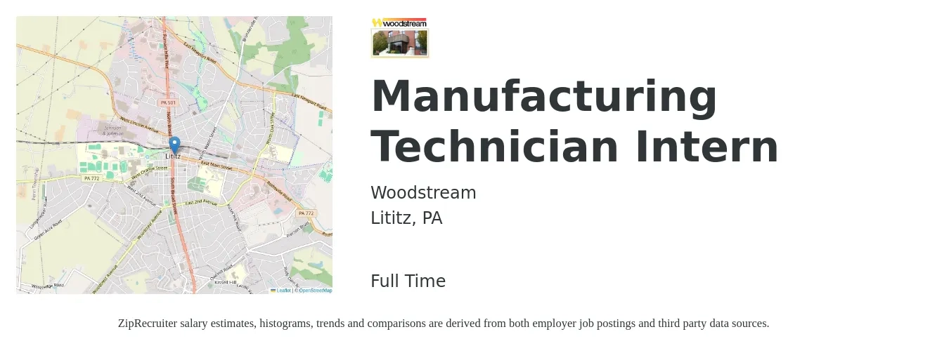 Woodstream job posting for a Manufacturing Technician Intern in Lititz, PA with a salary of $16 to $20 Hourly with a map of Lititz location.