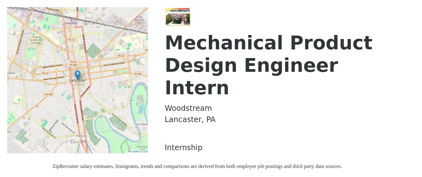 Woodstream job posting for a Mechanical Product Design Engineer Intern in Lancaster, PA with a salary of $14 to $22 Hourly with a map of Lancaster location.