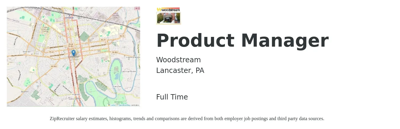 Woodstream job posting for a Product Manager in Lancaster, PA with a salary of $137,000 to $191,500 Yearly with a map of Lancaster location.