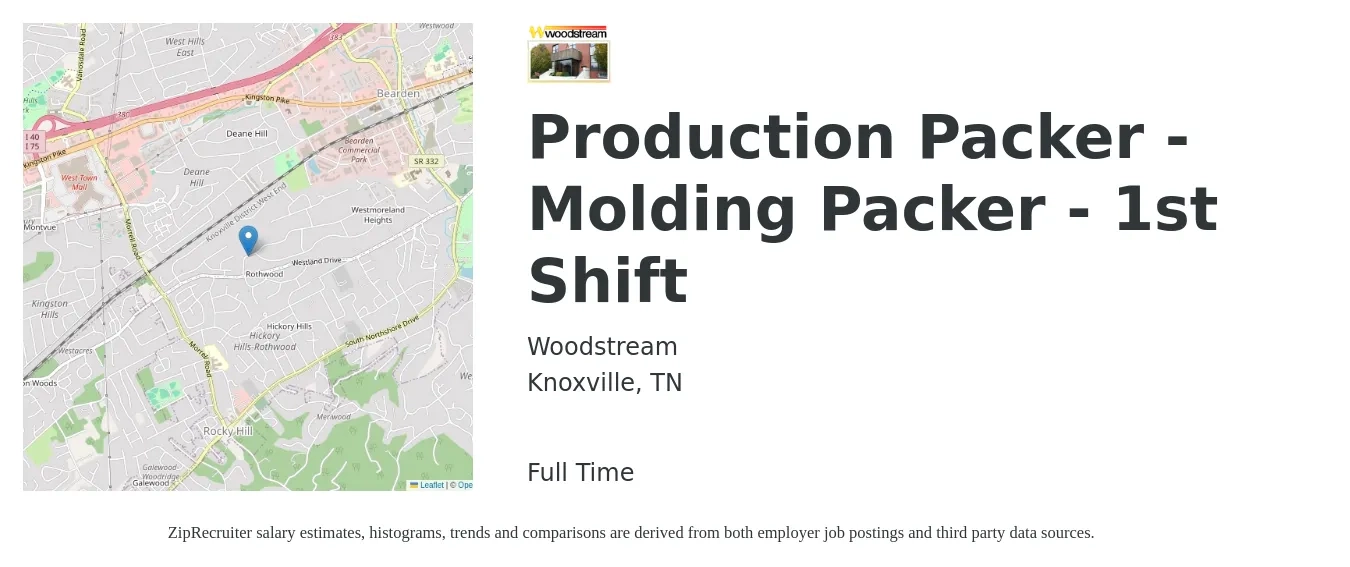 Woodstream job posting for a Production Packer - Molding Packer - 1st Shift in Knoxville, TN with a salary of $13 to $16 Hourly with a map of Knoxville location.